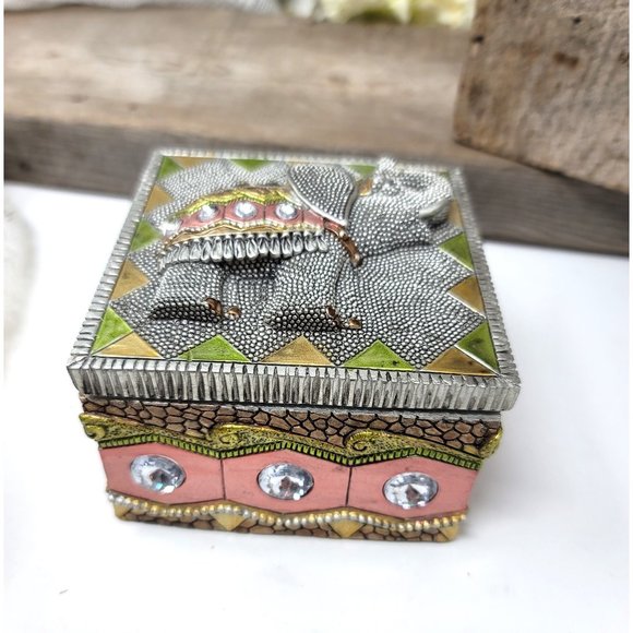 Elephant Trinket Box Raised Design Rhinestones Trunk up - Picture 2 of 8